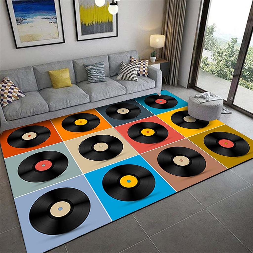 Record Area Rug CD Card Living Room Rugs Vintage Disc Print Decor Doormat Music Theme Carpet Non Slip Soft Indoor Floor Mat