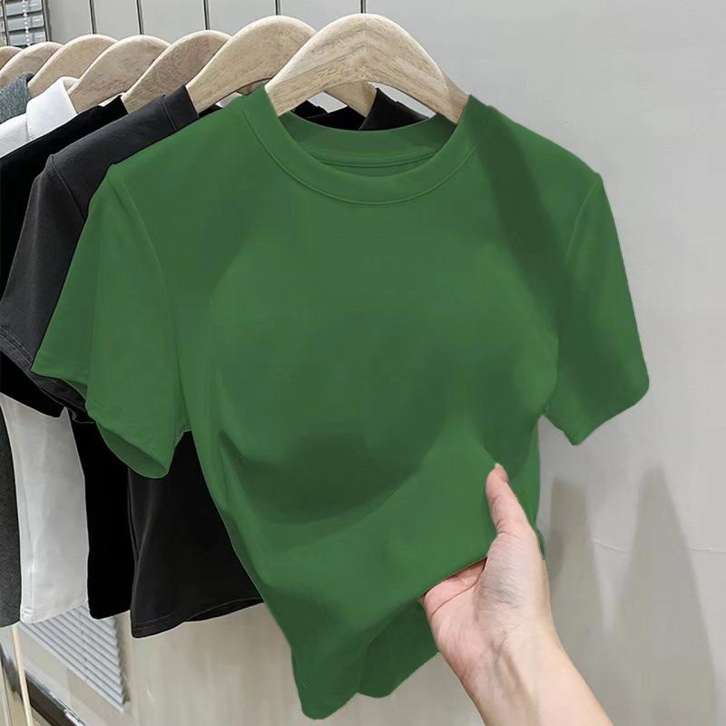 

Women Summer New Slim Fit Short Sleeve Cropped T Shirt Versatile Casual Basic Top S зелений