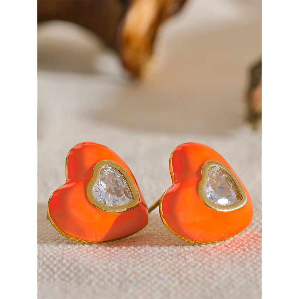 Yhpup 6Color Enamel Shiny Cubic Zirconia Stainless Steel Heart Colorful Stud Earrings Exquisite High Quality Y2K Fashion Jewelry