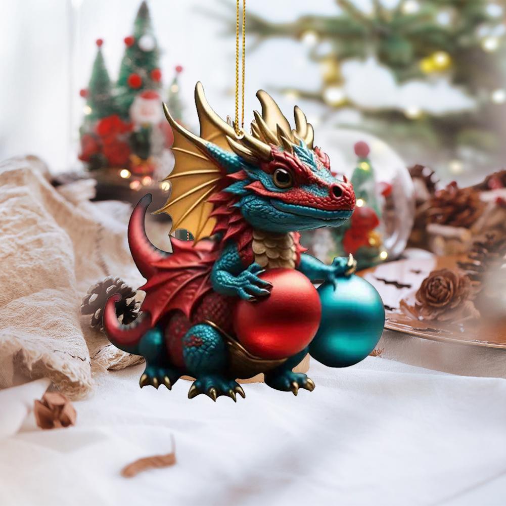 Christmas Santa Claus Dragon Pendants Acrylic Baby Dragon Pendants Realistic Dragon Hanging Ornaments for Xmas Tree