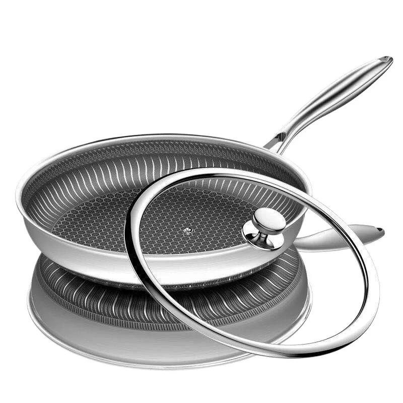 Frying Pan with Glass Lid 26/28cm Stainless Steel Honeycomb Skillet Uncoated Kitchen Cookware Induction Cooker Gas Stove Fry Pan