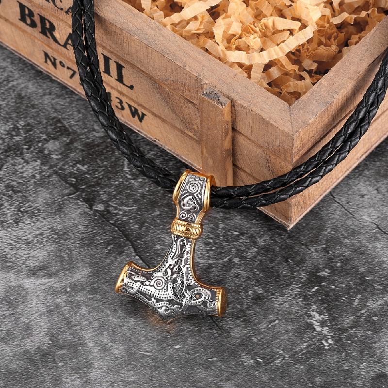 Punk Stainless Steel Norse Vikings Amulet Pendant Cord Odin's Gold Color Thor's Hammer Chain Necklaces Men ethnic Jewelry Gifts