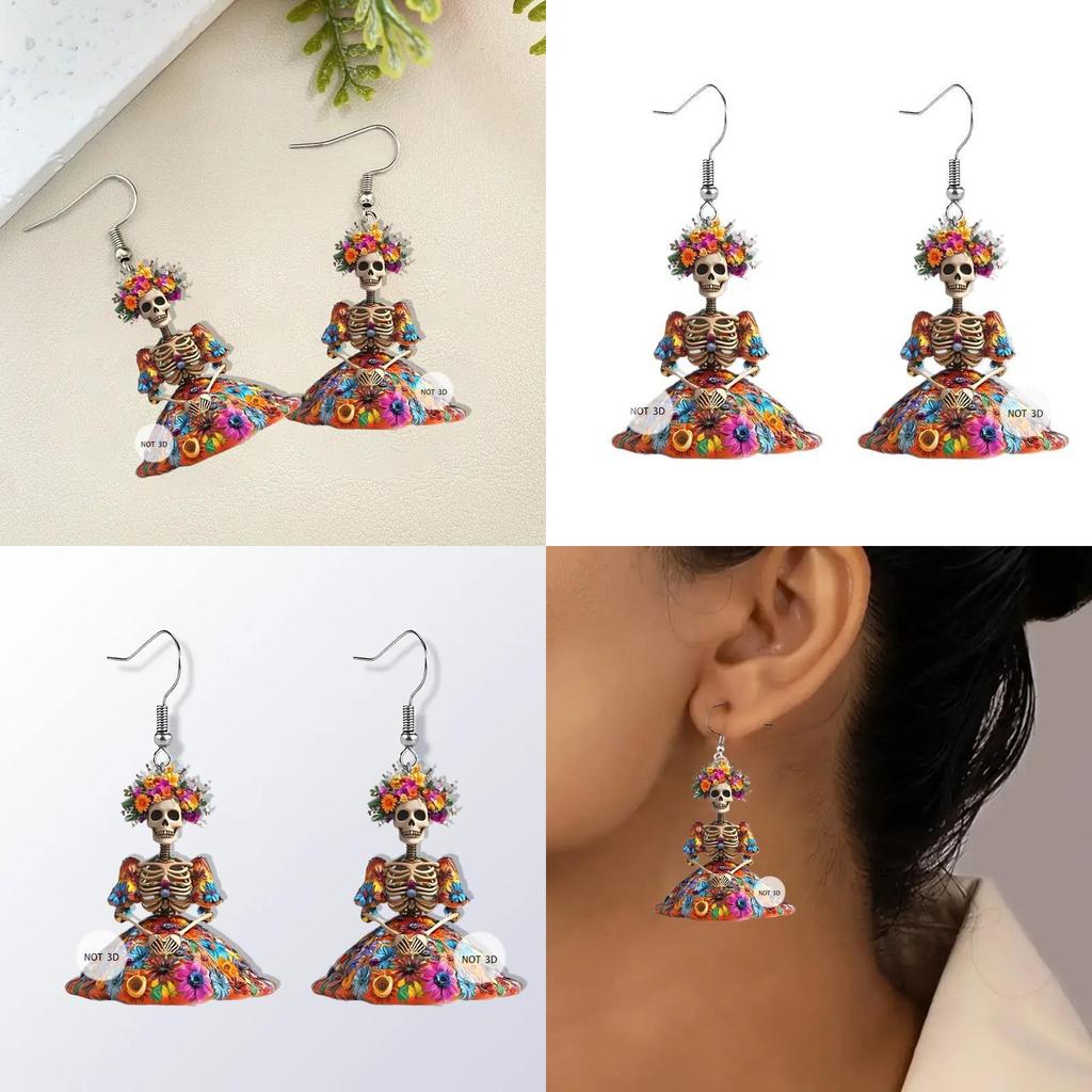 Flower Halloween And Skull Pattern Women Earrings For Festival Celebration