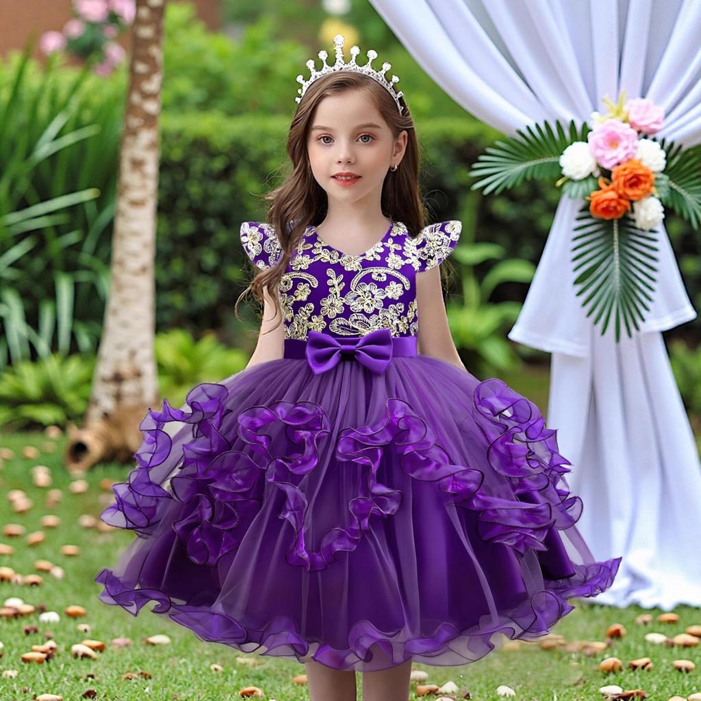 Kinder-Prinzessinnenkleid, Aufführungskostüm, Mädchen-Pailletten-Tüll-Spitzenkleid