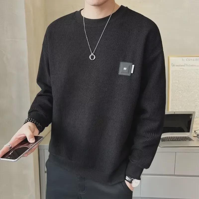 Men's Textured Solid Color Loose Round Neck Sweatshirt - Spring & Autumn Casual Style