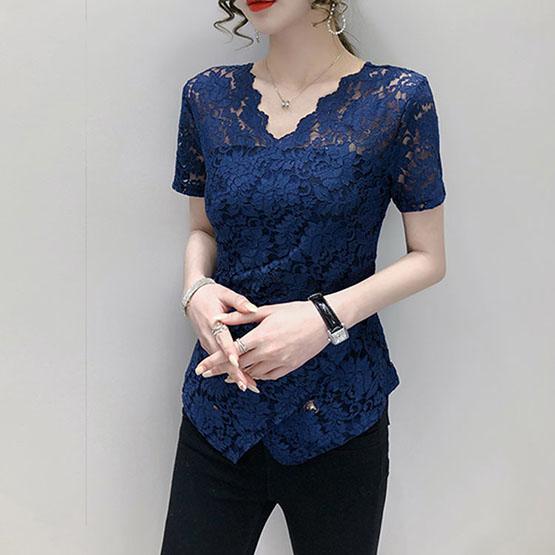 S-4XL Spring Summer Women's Tops Plus Size Solid Color Slim Lace Bottoming Shirts All-match V-neck Short-sleeved Shirts