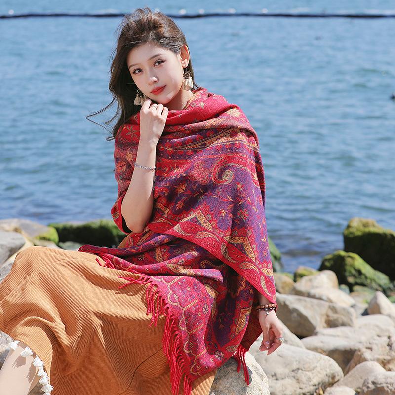 The photo is so beautiful~ Red travel scarf Qinghai Xizang desert ethnic style imitation cashmere thermal shawl women's cape
