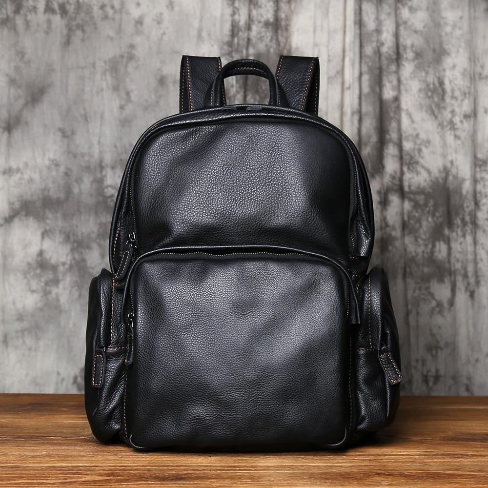 

NZPJ Leather Men s Backpack Natural Cowhide Schoolbag Casual Travel Bag Black Fashion Computer Bag Capacity 16 Inch Laptop чорний