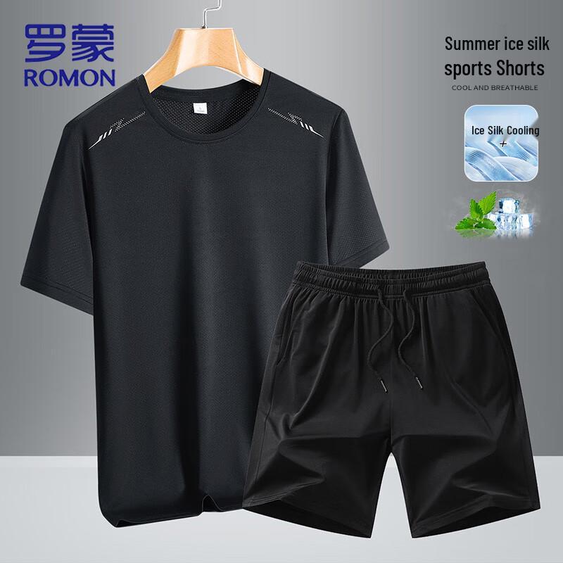 

ROMON Men s Ice Silk Quick Dry T-shirt & Shorts Set 5XL