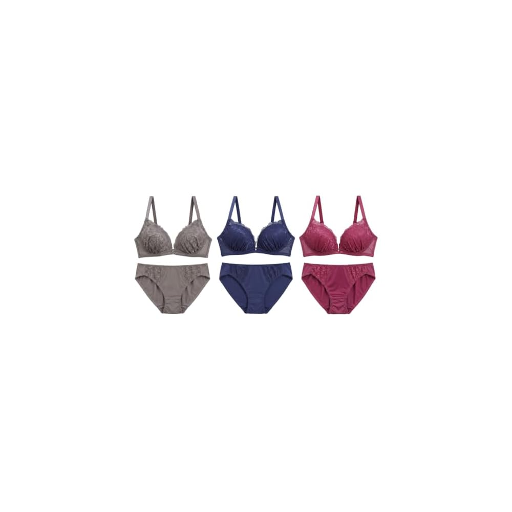 Shirohato Non-wired Bra and Panties 3-Piece Set, 7 Types To Choose From, Embroidered Lace One-Tone