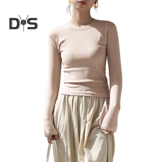 

Женская футболка с круглым вырезом и длинным рукавом, облегающая футболка, однотонная, легкая, универсальная, топы, одежда для отдыха S абрикосовый