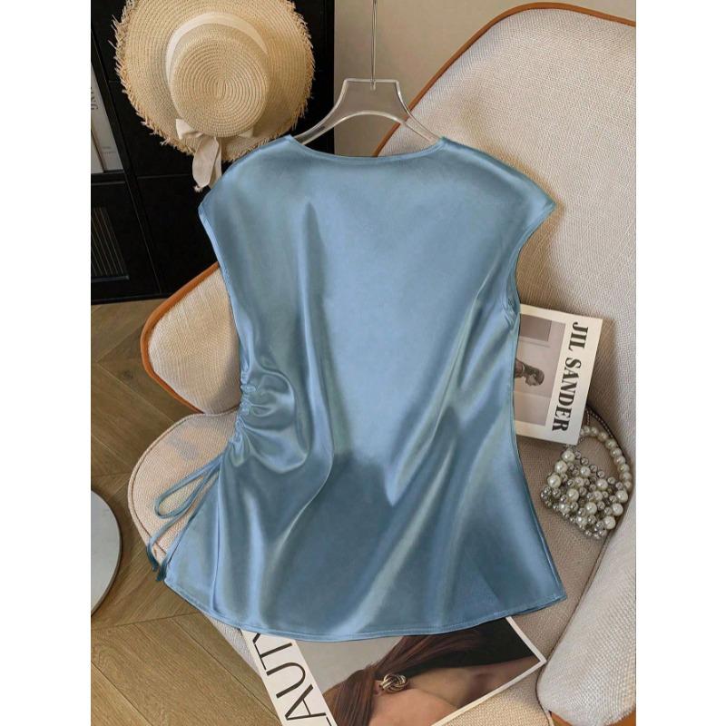 Women Satin V Neck Blouse Elegant Short Sleeve Side Drawstring Ruched Top Summer Casual Work Office Tunic Fashion Sleeveless Sweet Tank Tops for Women