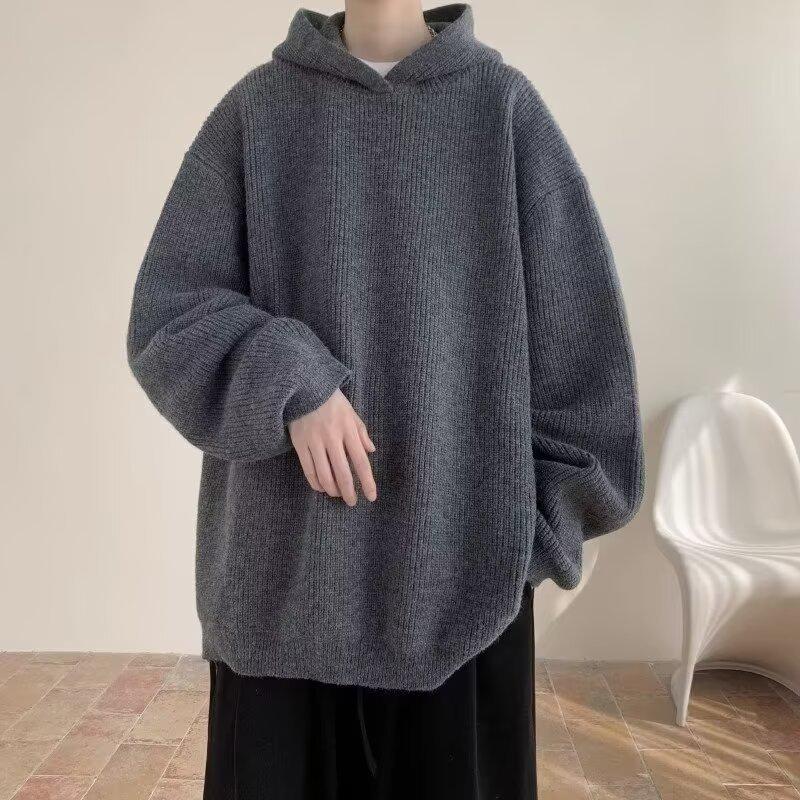 Men s American Retro Gray Hooded Knit Sweater - Winter Lazy Fit Medium