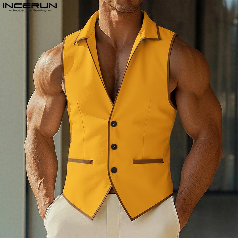 INCERUN Men Casual Lapel Neck Sleeveless Stitching Thin Waistcoat Tops