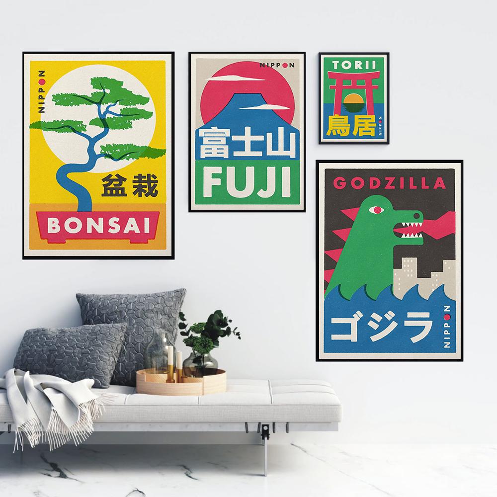 Vintage Japanischer Bonsai-Baum, Streichholzschachtel-Etikett, Kunstdruck, Poster, Monster-Kirschblüte, Mount Fuji, Leinwand, Pinting Room Home Decor