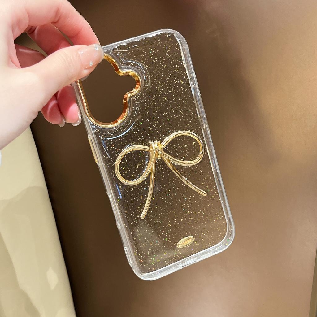 For iPhone 16 Plus Case Gold Bow Epoxy Design TPU + PC Phone Back Cover