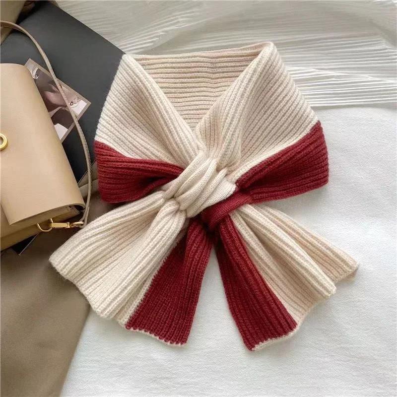 Short Autumn Winter Cross Knitted Scarf Japanese Korean Patchwork Color Female Scarf Hundred With Winter Warm Neck Warm Scarf