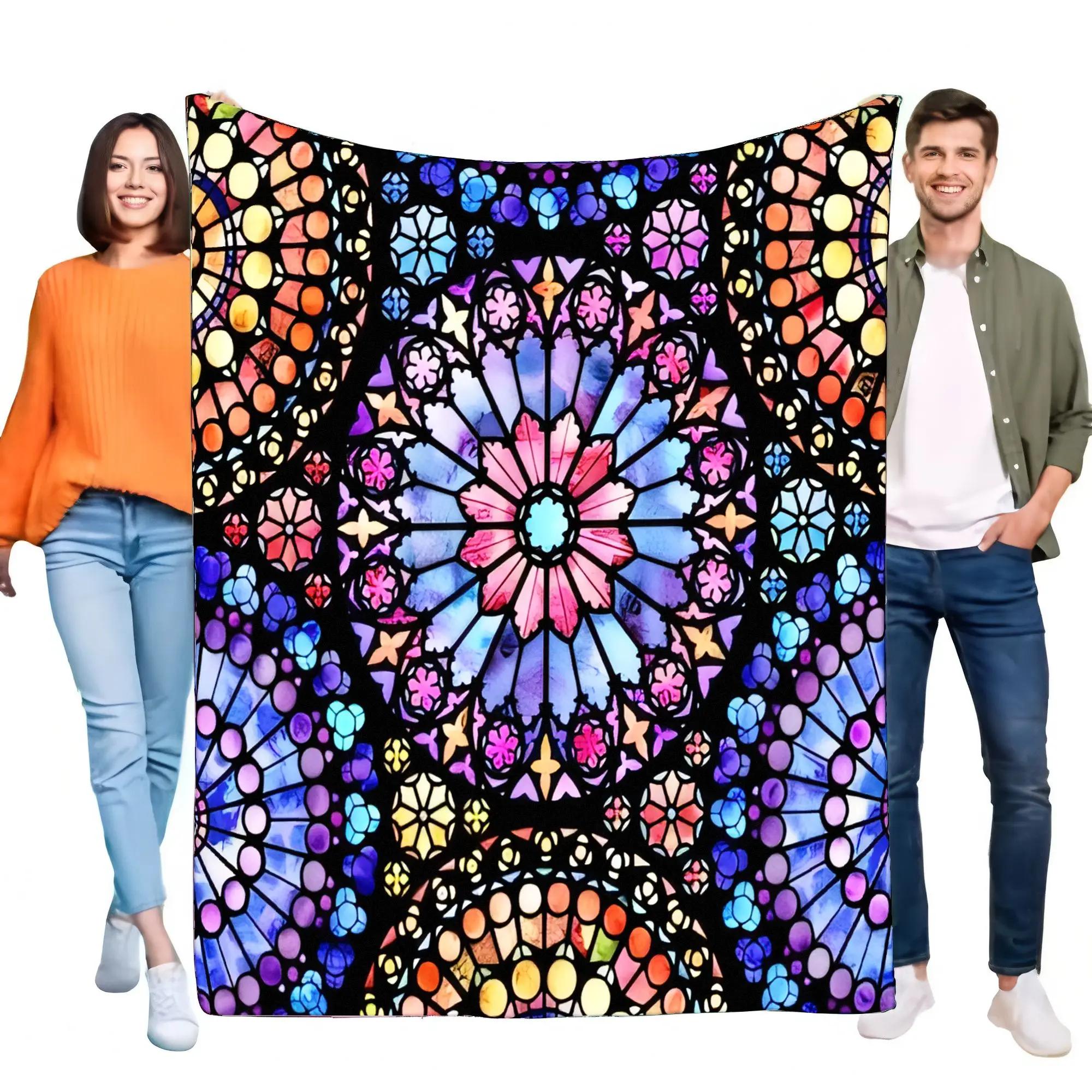 

Vibrant Stained Glass Rose Window Blanket, Ultra-Soft Plush Flannel Fleece Throw, Cozy Warm Bed Sofa Home Decor, Artistic Unique 75x90cm
