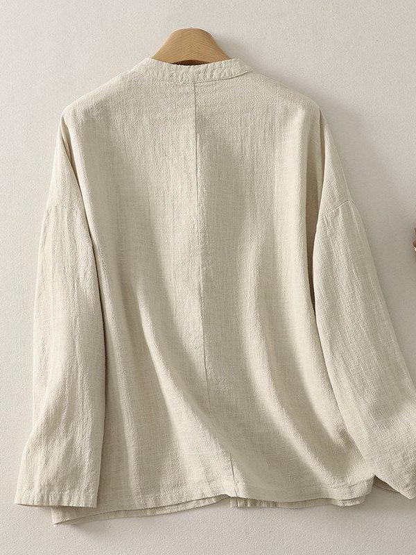 Women's Casual Loose-Fit Cotton Linen Long Sleeve Shirt with Stand Collar & Frog Buttons - New Chinese Style