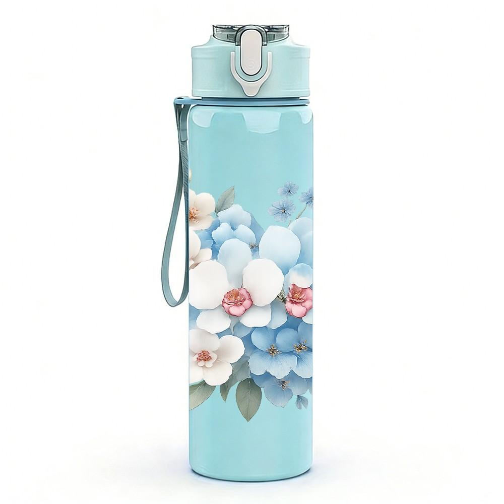 1PC Soft Blue Bouquet Flower 750ml Color Plastic Sports Water Bottle Leakproof Flip Straw Lid Suitable for Sports Office Home Use