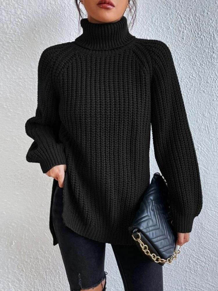 Autumn Winter Knitwear Mid Length Raglan Sleeve High Collar Split Hem Sweater Dress Luxurious Relaxed-fit Slimming and Versatile Top