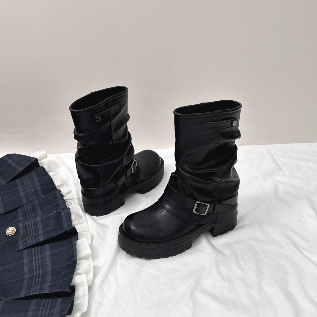 Leather Version~ 8CM Inner Height Increase Western Cowboy Pile Short Boots Women's Autumn and Winter Retro Thick Heel Pleated Trousers Knight Boots