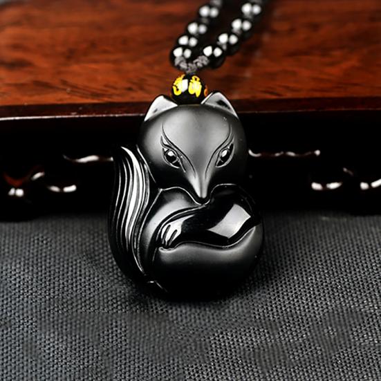 Obsidian Carving Fox Amulet Pendant Bead Chain Necklace Unisex Jewelry Gift