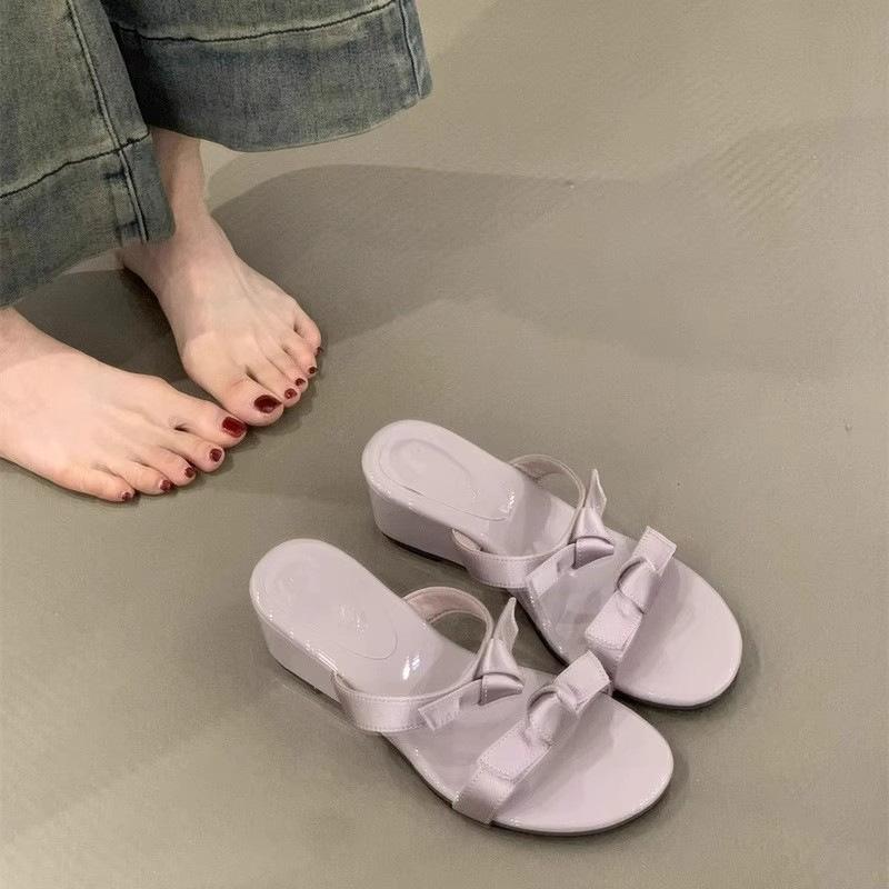 French word with wedge sandals women's summer wear 2025 new gentle evening breeze bow with skirt cool slippers