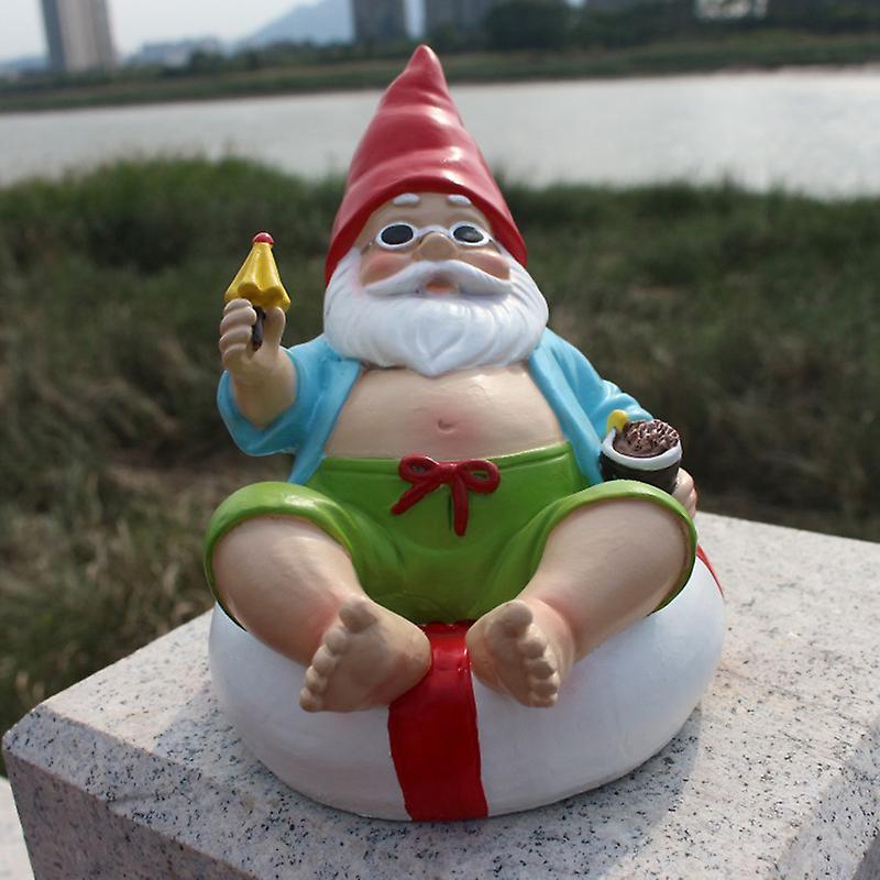 Funny Garden Statue Resin Gnome Art Ornament Dwarf Sitting on A Swimming Ring and Enjoying Sun Shine for Outdoor Lawn Ne