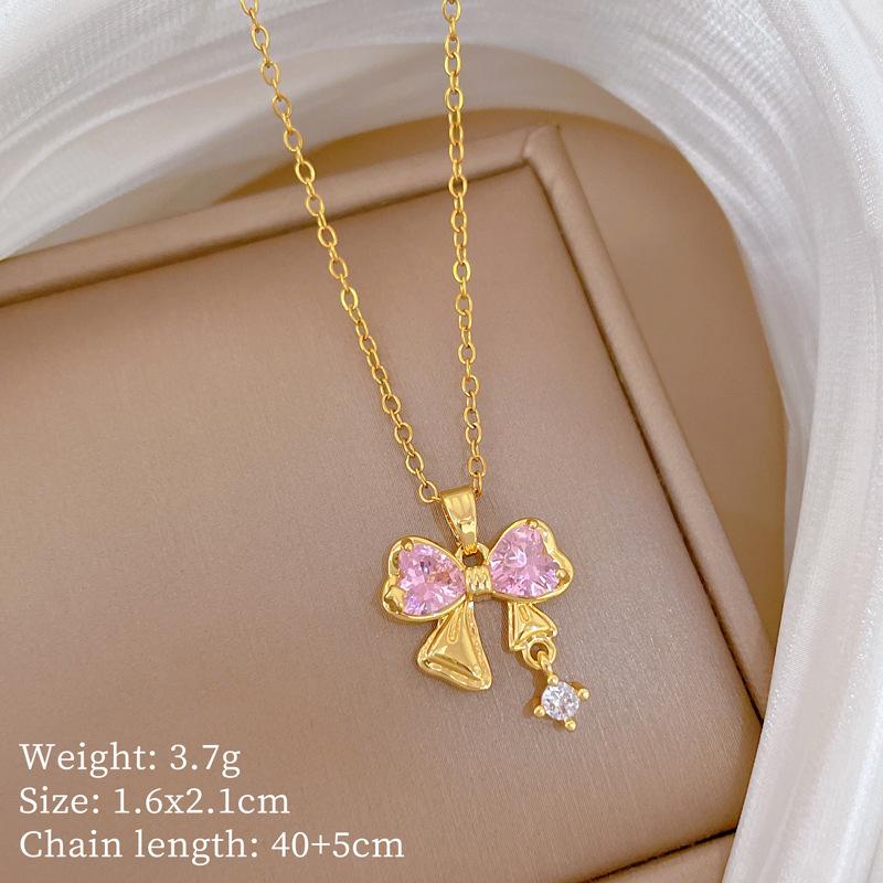 Titanium Steel Pink Zircon Bow Slightly Inlaid Zircon Amethyst Four-Leaf Flower Pendant Titanium Steel Collarbone Chain Jewelry