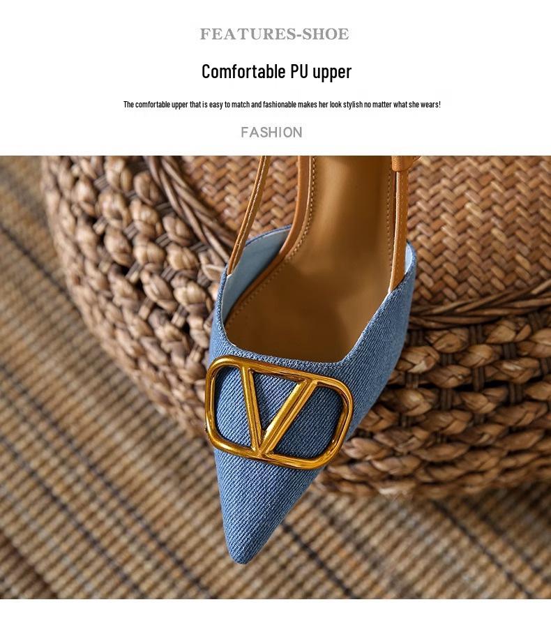 Korean Style Elegant Pointed Toe Stiletto Heel Denim Sandals for Spring and Autumn
