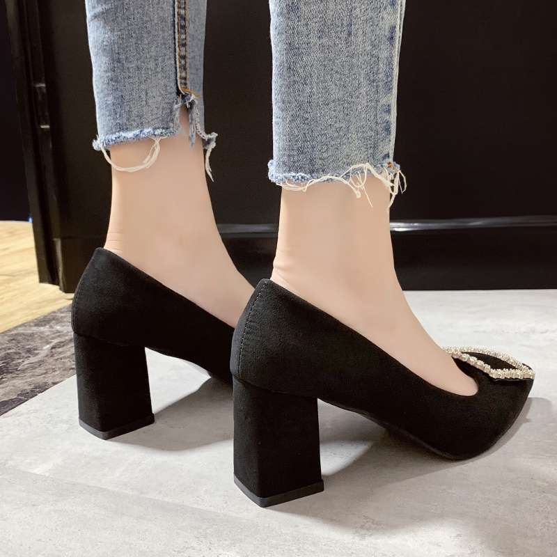 Work Shoes Women's Black Career Interview Work Dress Pointed High Heels Women's Thick Heels Medium Heel Comfortable Single Shoes Women's Shoes