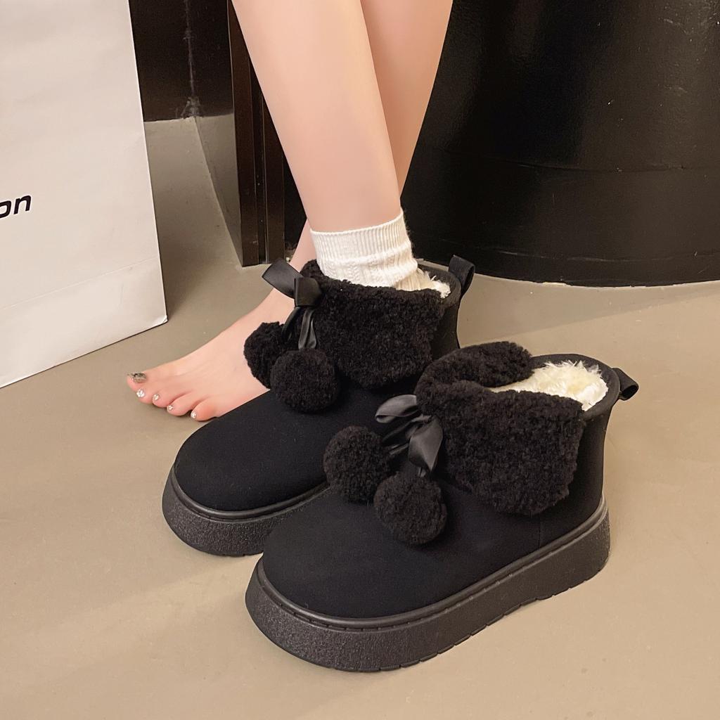 Cute Hairball Bow Thick-soled Snow Boots Women's Winter Warm Cotton Shoes Women's Hairy Mouth Short Boots Women's Large Size