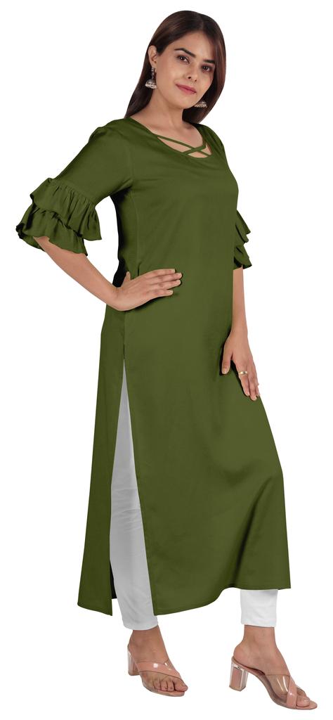 Moomaya Solid Designer Kurti Bell Sleeve Casual Long Straight Kurta For Women