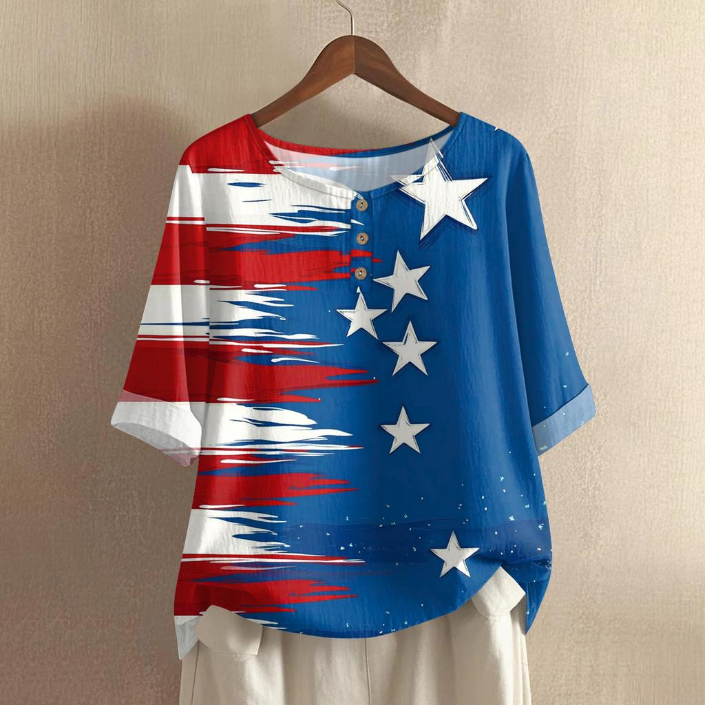 Women's Fashionable And Casual Shirt Half-sleeve Round Neck Print Cotton And Linen Blouse Top