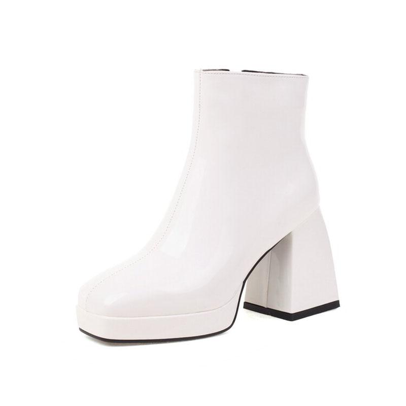 Bonbonfarbene Damenstiefel Kundenspezifische eckige Zehen Lackleder Hohe Absätze Stiefeletten Damen Plateau-Schuhe Winterpumps Botas WSH4986