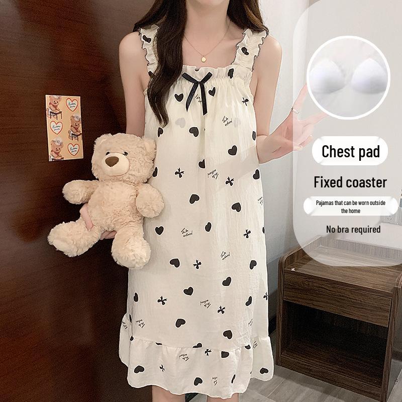 2026 Summer Women's Cartoon Padded Strappy Loose Nightgown Dress Pajamas - Sweet Outdoor Style