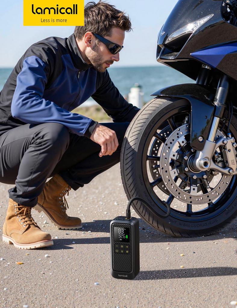 Lamicall Electric Bicycle Car Tire Air Motorcycle Air Compact Automatic Pump with Large LED Auto Low Maximum Pressure of 150 Compatible with French