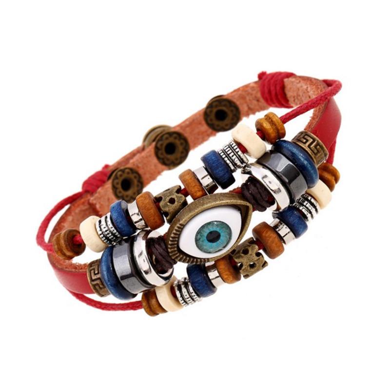 European & American Beaded Eye Cowhide Bracelet - Adjustable Genuine Leather Jewelry for Men & Women.
