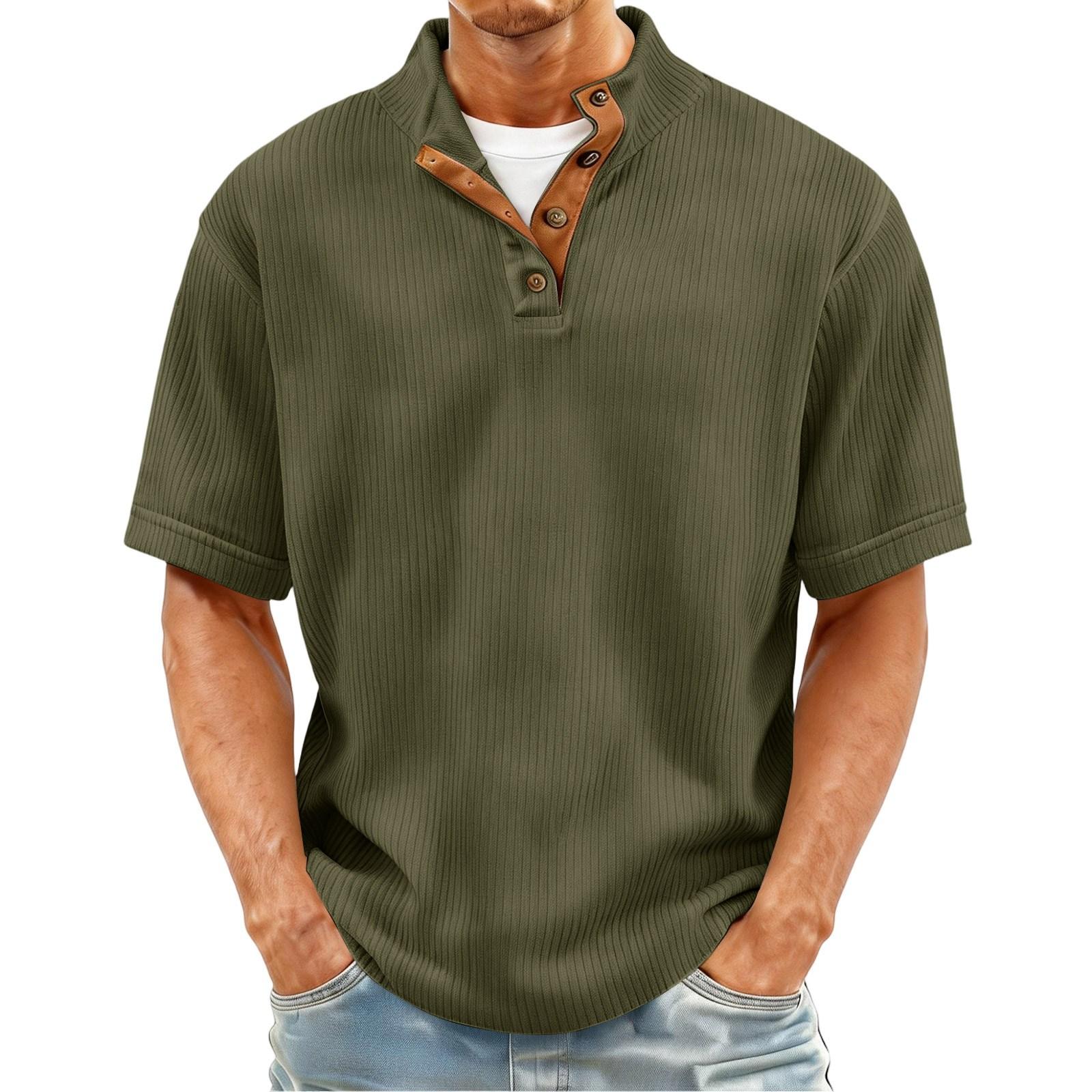 

Men’s Short Sleeve Ribbed Knit Pullover Henley Shirt with Button Placket and Stand Collar Casual Fit Top L армия зеленый