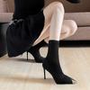Black Pointed Toe Stiletto Heel Boots Women Ankle High Heels Vulcanized Shoes New Arrival