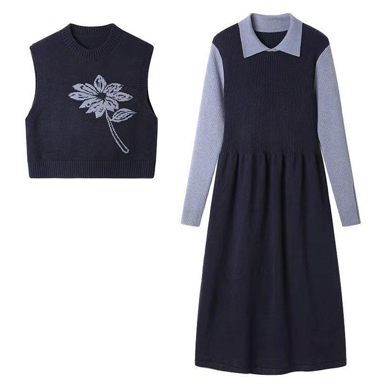 

2025 Winter Stylish Two-Piece Set: Lapel Knit Dress & Jacquard Vest with Embroidered Base Layer M (Recommended 100-110) серебряный серый