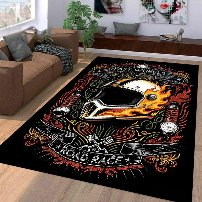 Motorcycle Helmet with Flaming Design and Road Race Graphics Carpet Suitable for Use As an Anti-slip for Living Room Bedroom Sofas