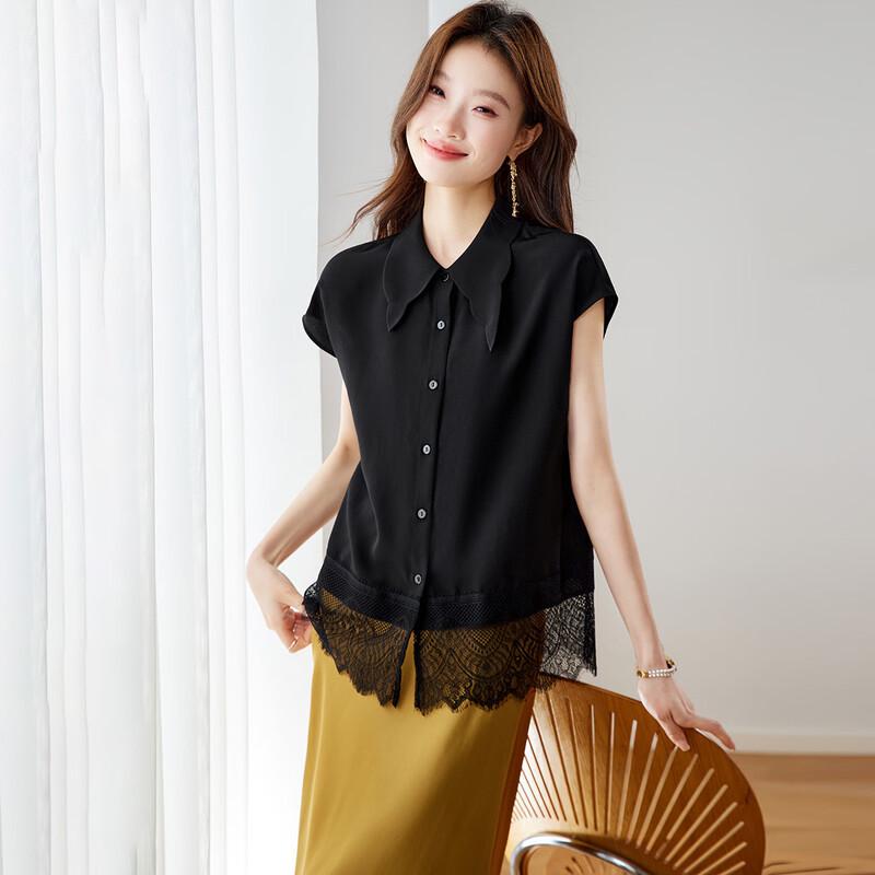 Srcr Women s Silk Crepe de Chine Lace Patchwork Short Sleeve Shirt XL