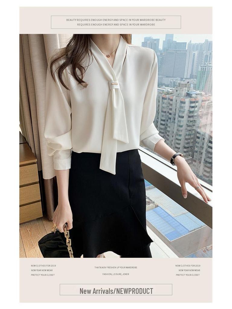 Women's White Chiffon Long Sleeve Shirt - 2025 Spring/Summer Casual & Professional Design