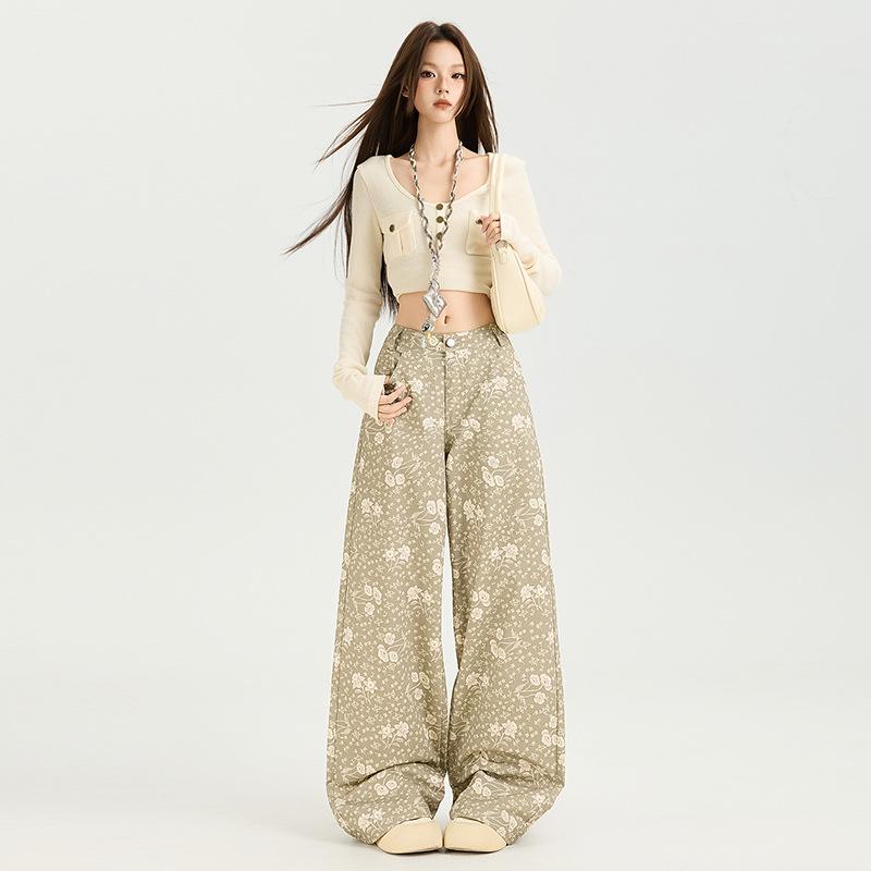 Women's 2025 Autumn Floral Wide-Leg Jeans - Loose, Draped, Lazy Style, Straight Leg