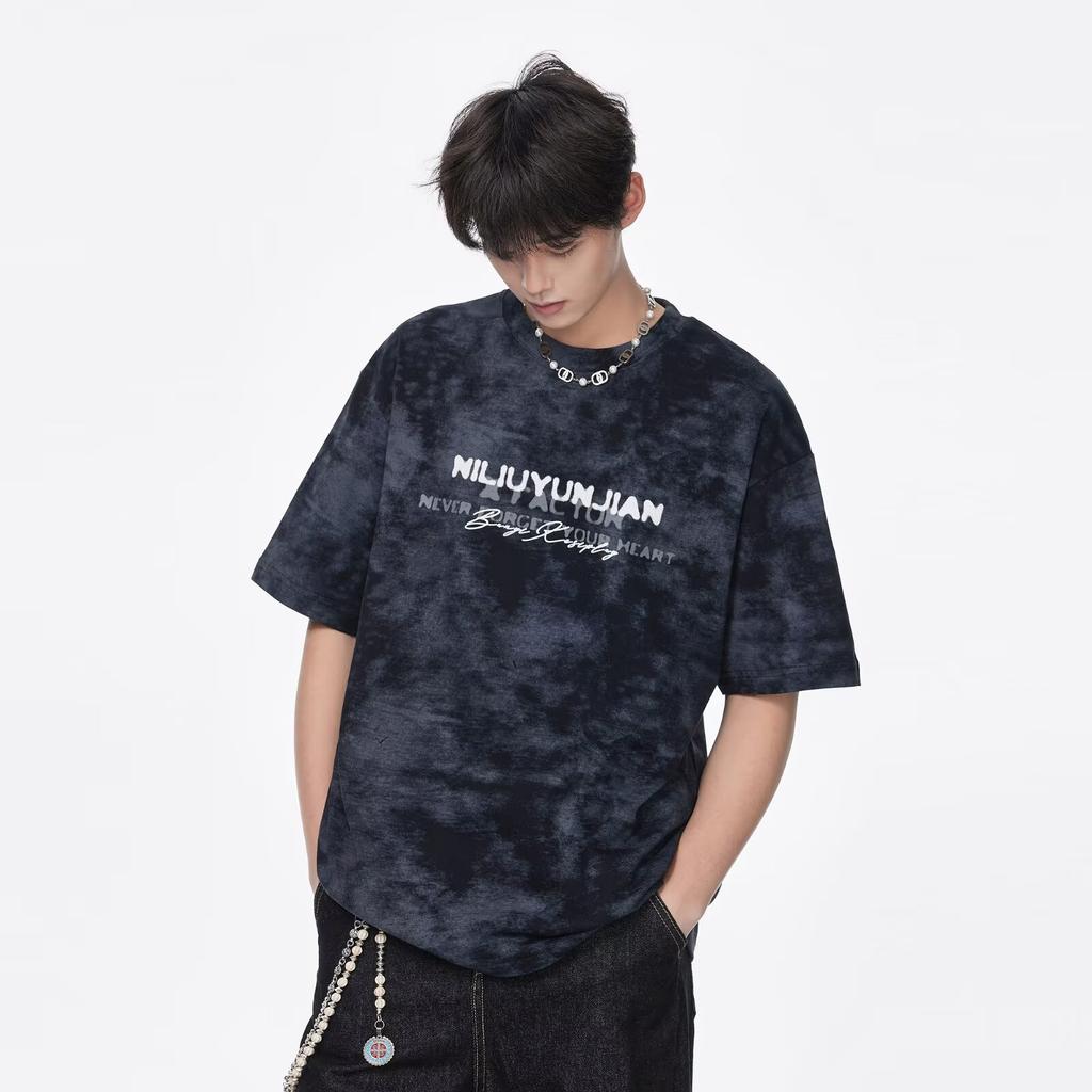 American Style Tie-Dye Short Sleeve T Men's T-shirt2025Summer New Style Cool Trendy Brand Heavy Youth Loose Half Sleeve T-Shirt