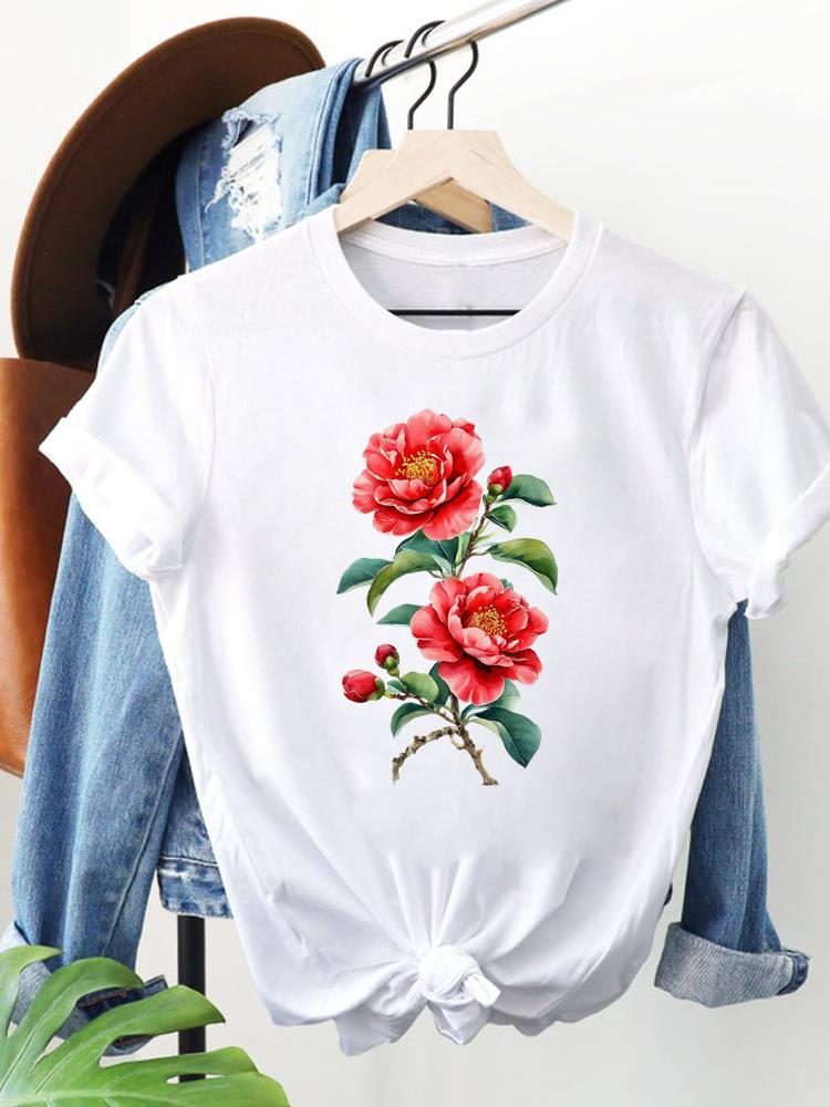 (Asian Size) watercolor flower cute Clothing Women Fashion Print Short Sleeve Tee Top Female T Shirt Woman Graphic T-shirts