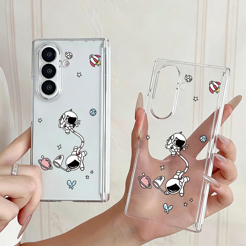 Magnetic Adsorption Phone Case For Samsung Galaxy Z Fold 7 6 5 Fold7 Fold6 Fold5 5G Cute Astronaut Print Clear Shockproof Cover