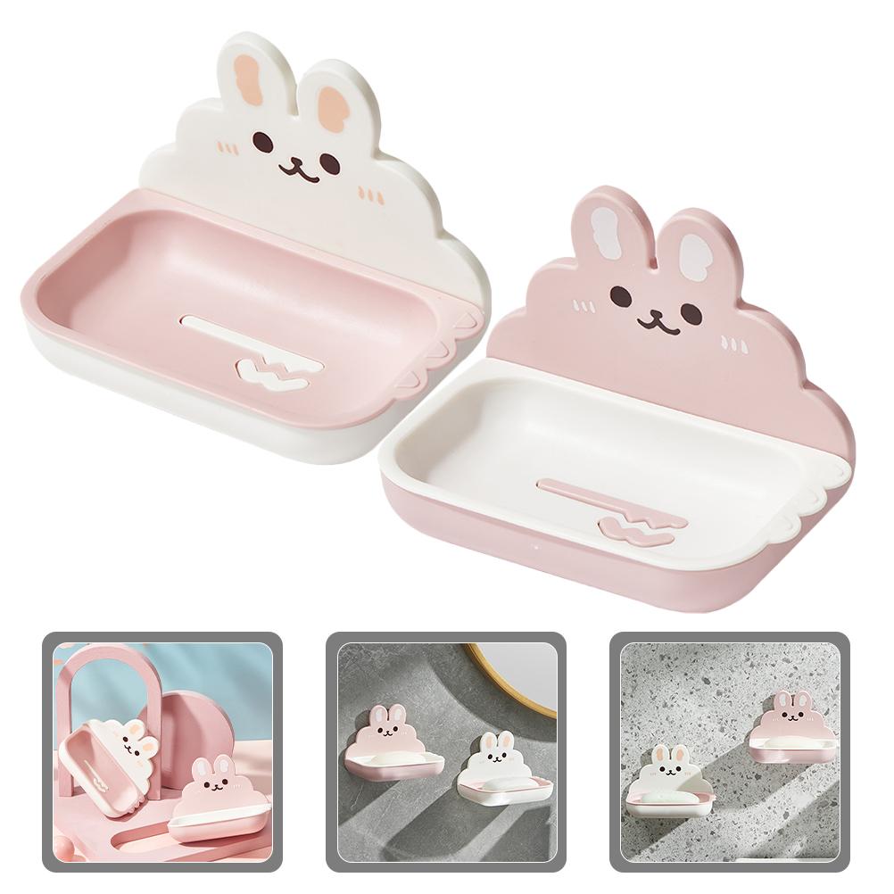 2 Pcs Cartoon Rabbit Soap Dish Draining Holder Pink White Wall Mount Bathroom Kitchen Non slip Smooth Edge Storage Tray